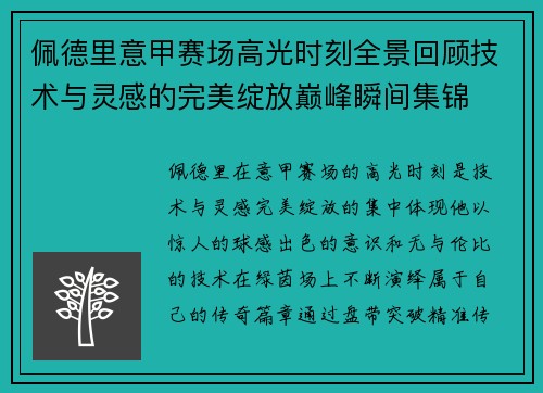 佩德里意甲赛场高光时刻全景回顾技术与灵感的完美绽放巅峰瞬间集锦 佩德里意甲赛场高光时刻全景回顾技术与灵感的完美绽放巅峰瞬间集锦